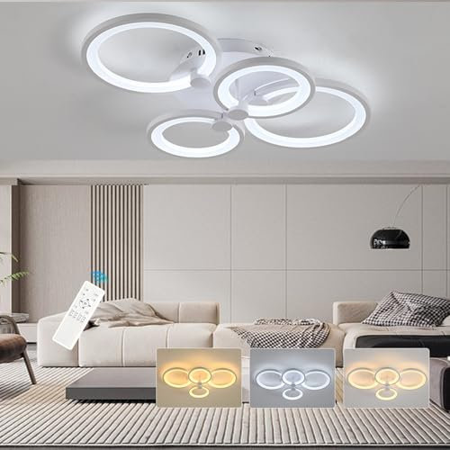 ZAITINZ Deckenlampe Led,42W Wohnzimmerlampe Decke,3000-6000K Deckenleuchte Dimmbar mit fernbedienung,4 Ringe Led Deckenleuchte Weiß,2-lagiges Design Moderne Deckenleuchten mit Memory Funktion,56*42CM