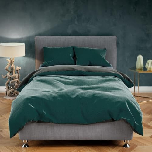 Leonado Vicenti Teddy Plüsch 4teilige Bettwäsche 135x200 cm Warme Winter Uni Wende Bettbezug Cashmere Touch Anthrazit Dunkelgrün