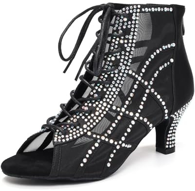 JUODVMP Stivali da Ballo Nero Traspiranti da Donna A Collo Alto Scarpe da Ballo per Danze Standard e Sociali con Strass Tacco 6cm,38.5 EU