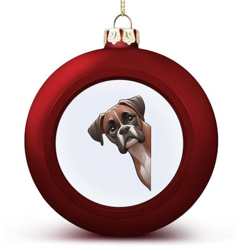 Boxer-Hund, der um die Ecke schaut, Weihnachtskugel, Ornament, roter Hundeball, Ornamente für Weihnachtsbaum, Dekoration, Weihnachtsanhänger, Kugeln, Urlaub, Party, Gastgeschenk, Geschenke für Kinder