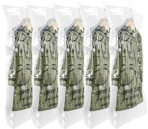 Hanging Vacuum Bags for Coats, 5PCS Space-saving Vacuum Bag for Clothes, 110x70CM Reusable Vacuum Coat Bags for Suits, Jackets or Dresses, Closet Organizer