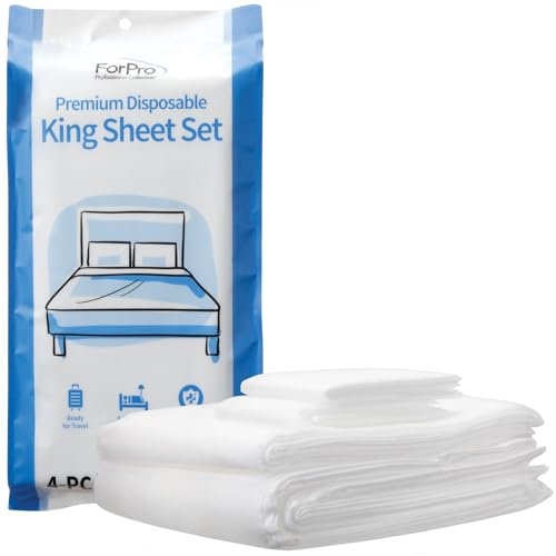 ForPro Premium Einweg-Bettlaken-Set, 4-teiliges Kingsize-Bettwäsche-Set für Reisen, inklusive Bettlaken, Bettbezug und Zwei Kissenbezügen, Weiß