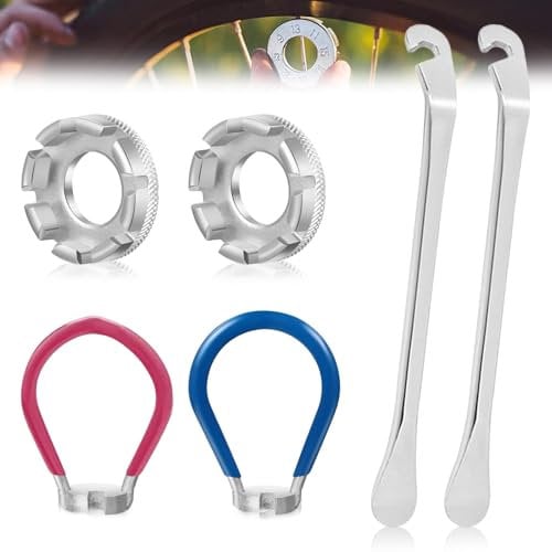 6 PCS Bike Wheel Spoke Tool, 6 in 1 Spoke Key Spanner Wheel Wrench 10-15 Gauge Spoke Wrench with Rim Correction Tools Tire Levers for Adjust Cycling Wheels Tension