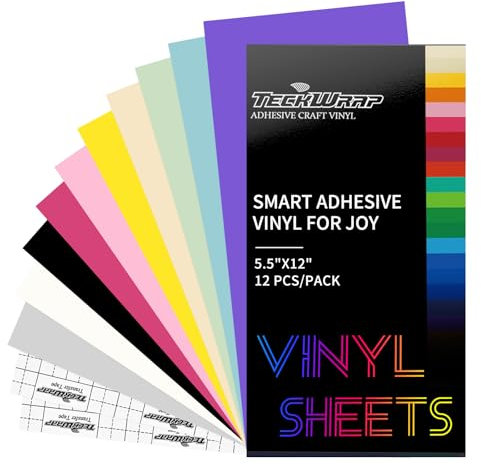 TECKWRAP Smart Vinyl Permanent for Cricut Joy 12 PCS Self Adhesive Vinyl 12 x 5.5in Cricut Joy Vinyl with 10 Colour Permanent Vinyl + 2 Transfer Tape