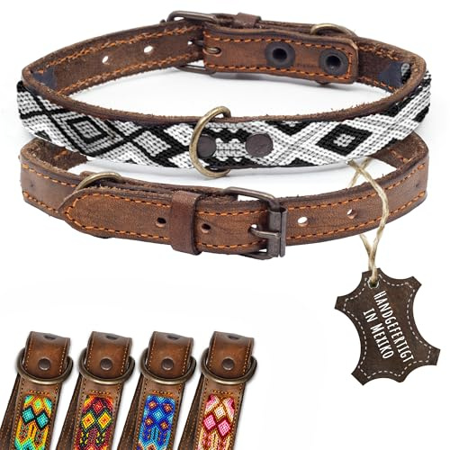 ALTEZAR Lederhalsband Hund - Doppelt Tribal Bestickt Schwarz Weiß Braun - Hundehalsband handgemacht in Mexiko - Dornschnalle 5-Fach verstellbar - Größe XS Halsumfang 23-29 cm - für sehr kleine Hunde