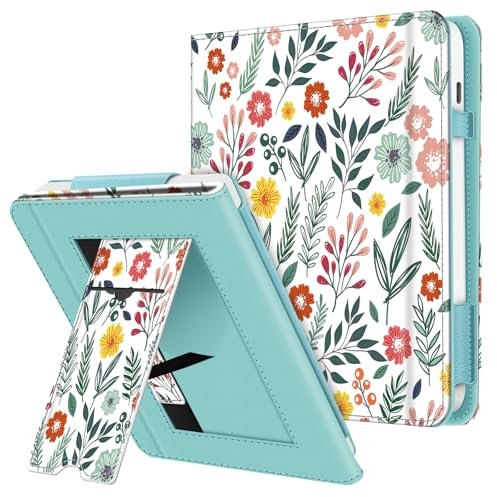FINTIE Étui Compatible avec 7 Kobo Libra Colour 2024 / Kobo Libra 2 2021 (Modèle: N428 / N418), Coque Liseuse avec Béquille et Fente pour Carte et Dragonne, Fleur Printanière