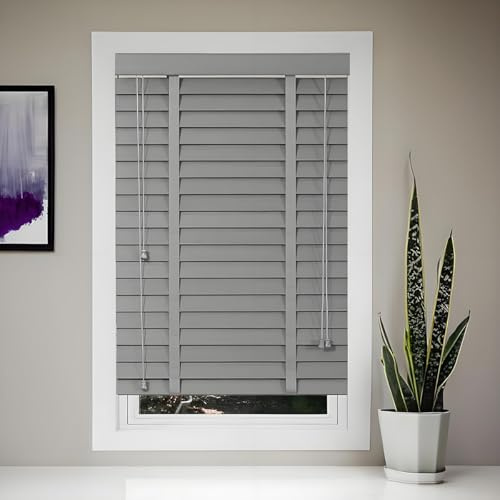 AKWQPY Grau Massivholz Jalousien Holzjalousie Innen 50mm, Holzjalousien Fensterrollos 45cm 60cm 75cm 90cm 100cm 105cm 120cm 135cm 150cm 160cm Jalousette Echtholz Für Schlafzimmer(120Wx150H cm)