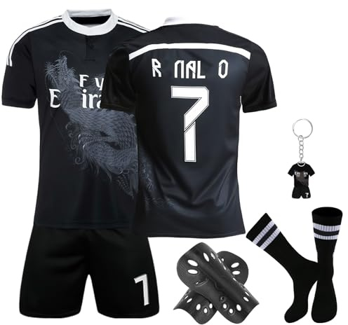 Fußball Trikot für Kinder, Trikot Nr. 7 Fußballtrikots Fussball T-Shirt Shorts Socken Schlüsselanhänger und Schienbeinschoner Set, Outdoor Football Jersey für Jungen