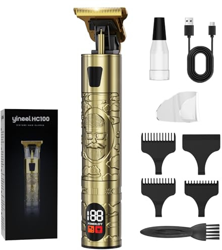 Yineel HC100 Tondeuse Barbe Homme, Tondeuse Cheveux Hommes, Rasoir Electriques Hommes, Charge Rapide Type-C, Précision Zéro avec Lame en T et Écran LCD, Cadeau Homme (Or)