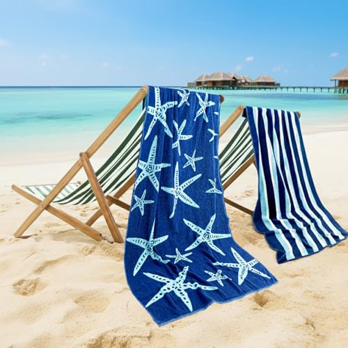 Casa Copenhagen Miami Strandtüchern, 2-Stück Geschenkset aus – Seestern Marineblau + Türkis gestreift, 75x150 cm extragroße Pooltüchern 100% Baumwolle (perfekte Sommer Geschenkset für Damen & Herren)