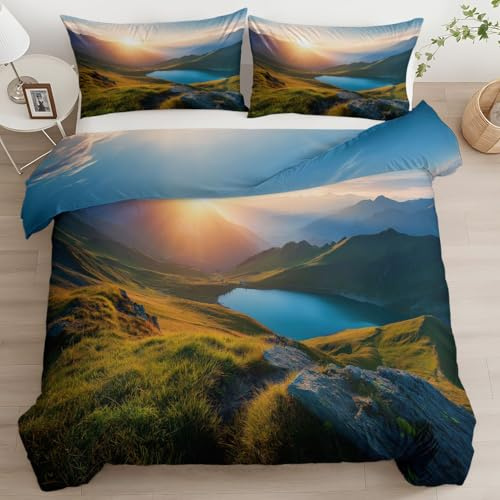 Bettbezug Blau Bettwäsche Set 135 x 200 cm Fotografie Sonnenaufgang Schweizer See Berge Bettbezug, für Mädchen Jungen Kinder Schlafzimmer Dekor kuschelig Leicht Mikrofaser 2-Teiliges mit Kissenbezug