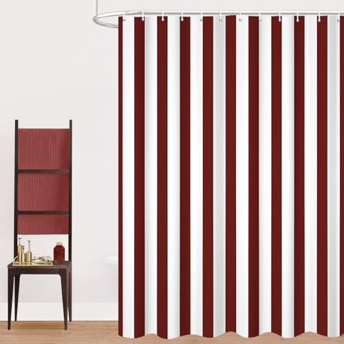 GCIREC Duschvorhang, 180x200cm, Dunkelrot und Weiß Moderner Minimalismus Vertikale Streifen Wasserdichter Stoff Maschinenwaschbarer Badezimmervorhang mit Haken