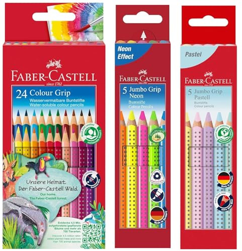 Faber-Castell 112424 Colour Grip Buntstifte für Kinder, 24er-Buntstifte-Set, Malstifte mit Grip und dreieckigem Schaft, wasserlöslichen Pigmenten (24 Stück + 10 Jumbo Pastell & Neon)