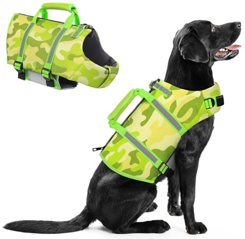 PUZAUKAL Schwimmweste Hunde mit Rettungsgriff, Reißverschluss-Verschluss | Hoher Auftrieb Hundeschwimmweste für Große Hunde, Verstellbare Kleine Mittel Rettungsweste für Wassersport, Camo Grün XL