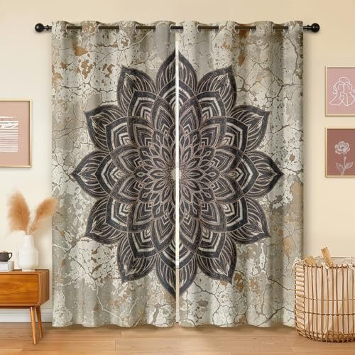 Havenix Mandala Steinoptik Grau Vorhänge Blickdicht mit ösen Orientalisch Ethno Gardinen Wohnzimmer Verdunklungsvorhänge für Schlafzimmer Fenster Vorhang 160 cm Lang 2er Set
