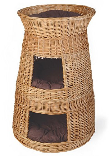 WEIDENPROFI Katzenkorb, Katzenturm aus Heller Weide inkl. 3 Kissen, Größe ca.: Ø 48 – 58 cm x 82 cm, Farbe Natur