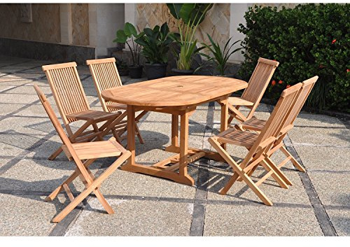 CONCEPT USINE Salon de Jardin KAJANG Table Ovale 6 Personnes | 6 chaises pliantes assorties en teck brut massif, finitions laiton, trou pour parasol