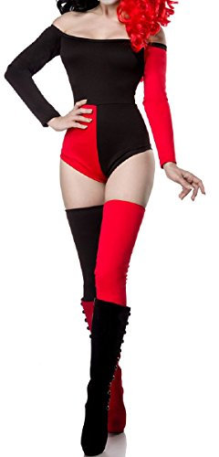 Damen Harlekin Catsuit Kostüm Verkleidung mit Catsuit, Stulpen in schwarz rot schulterfrei XL