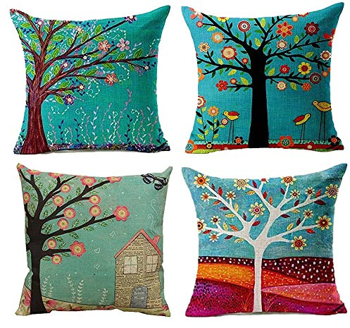 Hangood Cotton Linen Throw Pillow Case Cushion Covers Home Garden Outdoor Indoor Tree of Life 18x18 inches Set of 4pcs