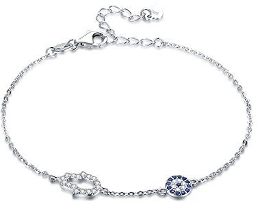 TONGZHE Blaues Armband Evil Eye Hamsa Hand der Fatima Sterling-Silber 925 Zirkonia Kette 6,5 Zoll + 1,5 Zoll, 8in, Stein, Kubischer Zirkonia