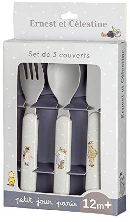 PETIT JOUR PARIS - Set de 3 Couverts pour Bébé Ernest et Célestine - 1 Couteau à Bout Rond + 1 Cuillère + 1 Fourchette à Dents Courtes - Inox + Ergonomiques en ABS - 12+