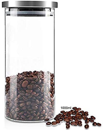 Topiky Coffee Bean Storage Tank,Portable Delicate Stainless Steel Lid Glass Sealed Tank Food Container,1000ml Large Capacity Glass Storage Jar for Coffee Beans,Kitchen Supply(1000ML)