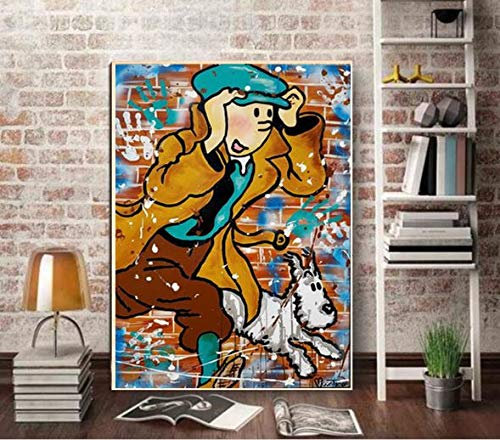 baodanla Kein Rahmen Ölgemälde Graffiti beliebte Gehirnwäsche Kunst Tim und Struppi in Ölgemälde Kunst geeignet für Schlafzimmer decoration50x70cm