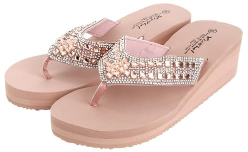 Holibanna Sandales compensées avec sangle en diamant et perles antidérapantes pour la plage (23 cm, 6US, 3,5 UK, 36,5 EU, 9,039 pouces), rose, 37 EU