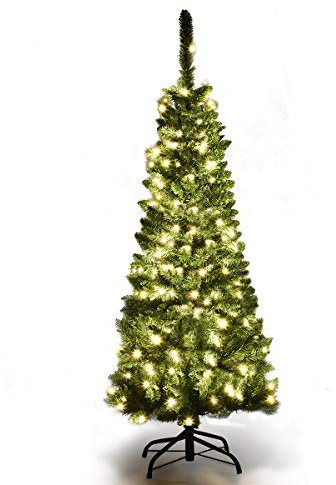 GOPLUS 135/200/225cm Weihnachtsbaum künstlich mit Beleuchtung, LED Tannenbaum künstlich, Weihnachtsbaum schmal mit PVC-Blättern, Christbaum Grün (mit warmweißer Beleuchtung, 135cm)