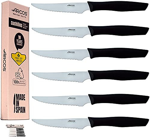 Arcos Cuchillos de Carne | Cuchillos para Carne 6 Unidades | Cuchillos de Carne Aptos Lavavajillas | Alta Resistencia | Acero Inoxidable | Mango Polipropileno | Negro | Envase Eco