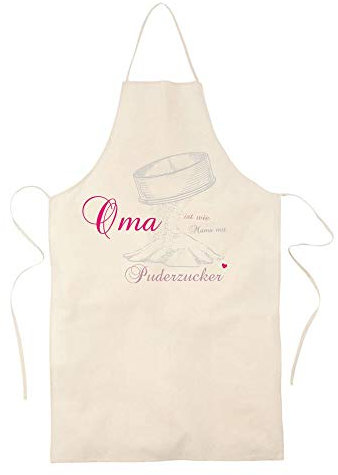 STEMPEL-FABRIK Küchenschürze mit dem Aufdruck Oma ist wie Mama mit Puderzucker – Kochschürze aus 100% Baumwolle als perfekte Geschenkidee für die Oma (65 x 99 cm | Natur)