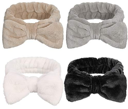 GOTH Perhk Haarbänder mit Schleife, Korallen-Fleece, elastisches Kopfband, zum Waschen von Gesicht, Dusche, Yoga, Sport, Hautpflege (Schwarz, Weiß, Grau, Khaki), 4 Stück