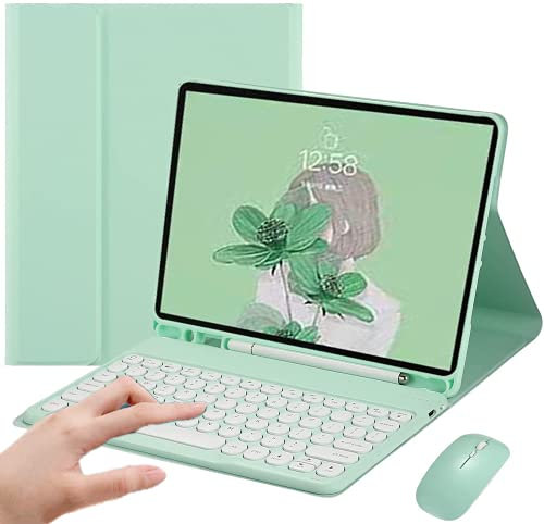 PboyiqiS Keyboard Case for iPad Air 11 inch (M3 2025/M2 2024)/Air 5th 4th Generation with Mouse, Cute Round Keys Detachable Keyboard Case with Pencil Holder, Mint Green
