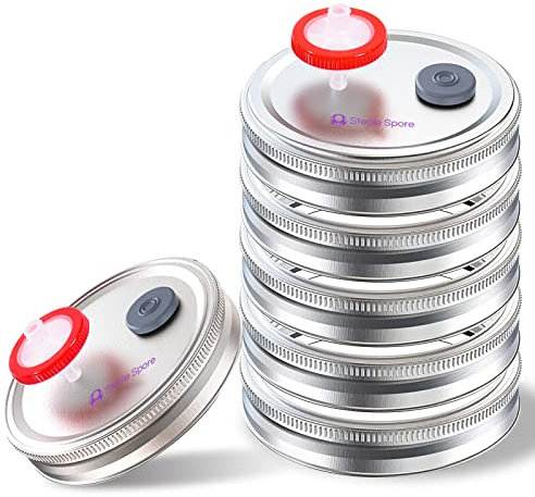 6 Stück breite Öffnung, Pilzdeckel, geteilter Einmachglasdeckel mit 0,22 um PTFE-Spritzenfilter und 20 mm selbstheilenden Injektionsanschlüssen für Pilze (Silber)
