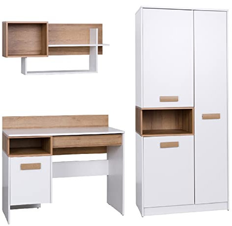 Marmex Kinderzimmer Komplettes Set Grant I, im Set: Kleiderschrank G1, Schreibtisch G2, Wandregal G3 - Jugendzimmermöbel-Set - Farbe Weiß + Riviera Eiche