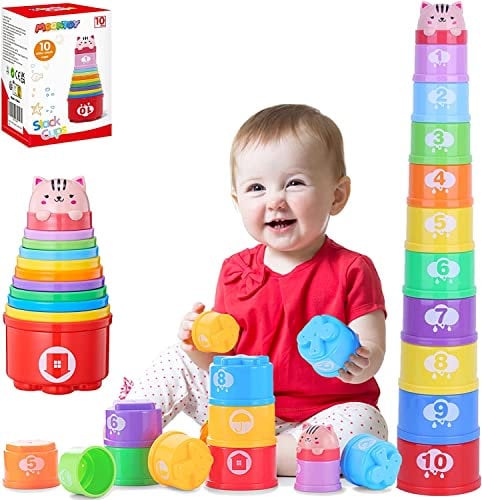 MOONTOY Giochi Impilabili per Bambino 1 anno, con Lettere e Numeri da Impilare,Blocchi Colorati per Insegnare Forme e Colori,Regalo per Compleanno e Natale per 1 2 Anni