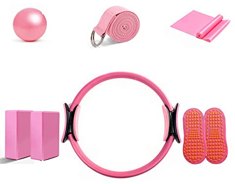 LTLCLZ 8Teiliges Yoga Starter Set Yogaball Magic Ring Pilates Circle Stretch Strap Yogablöcke rutschfeste Socken Für Das Heimtraining Fitness Kit,Rosa