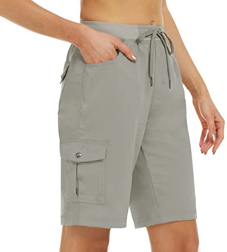 MoFiz Womens Casual Drawstring Shorts Quick Dry Lightweight Outdoor Walking Hiking Camping Shorts with Cargo Pockets Grey-Khaki Size US S/EU M