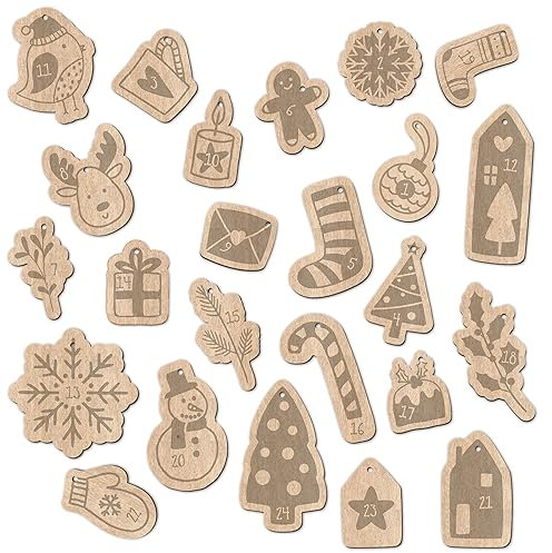 Papierdrachen 24 Adventskalender Zahlen aus Holz mit Baumwollschnur - weihnachtliche Motive - Elegante Deko für deinen Weihnachtskalender - für Kinder und Erwachsene - Set 8