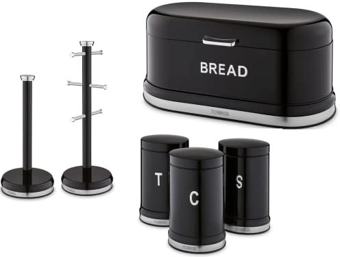 Tower Belle Noir Kitchen Storage Set of 6 including Bread Bin, Tea, Coffee & Sugar Canisters, Mug Tree & Towel Pole. Stylish Parisian Design in Black