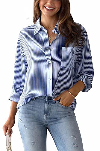 Panegy Striped Linen Blouse Women’s Long Sleeve Button Placket Tops V-Neck Shirt Blouse Tunic Long Shirt Large Sizes Linen Tops T-Shirt Loose Elegant Pullover Blouse Blue S