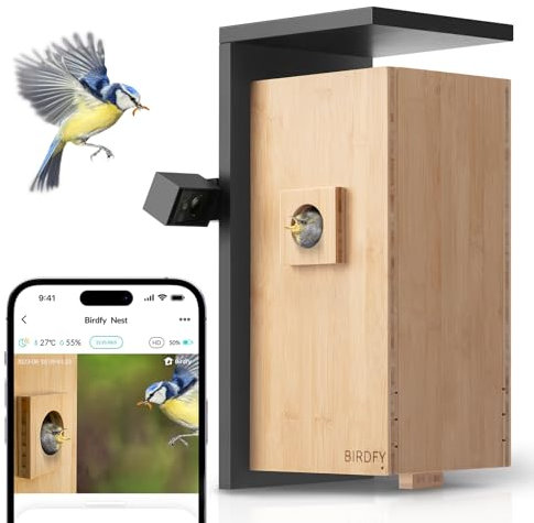 Birdfy Smart Bird House with Camera, Dual-Cam 1080P, Solar Powered, Watch Bird Nesting & Hatching in Realtime, AI Identify Behavior & Create Videos, Sustainable Bamboo Box Camera