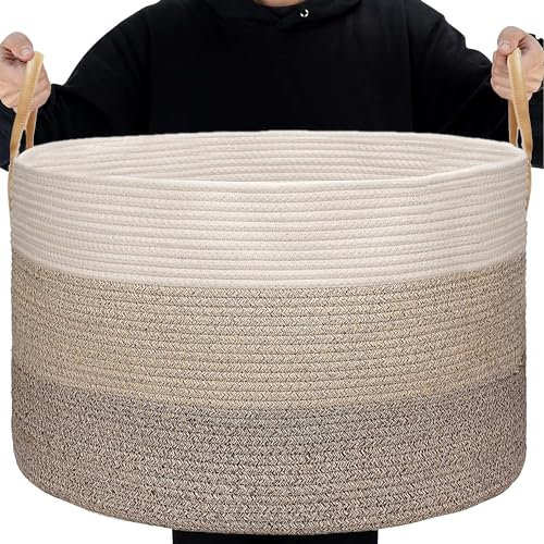 Grande cesto portabiancheria in plastica di alta qualità, con manici e ruote, stile hipster, cesto portabiancheria per asciugare i vestiti, cameretta e organizzazione della casa (corda di cotone, 50 x