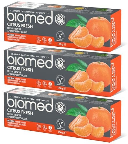 BIOMED Dentifrice Citrus Fresh 97% naturel | Orange, haleine fraîche, gencives saines | Huiles essentielles de mandarine, pamplemousse et citron, arôme de fruit, végétarien, sans SLES 100 g