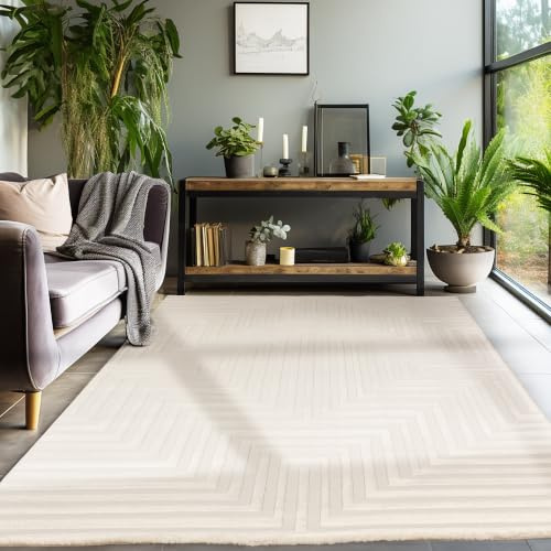 SIMPEX Kurzflor Teppich Wohnzimmer 280x370 cm Creme Modern Skandinavisch Boho Design Einfarbig 3D Effekt Weich Waschbar Pflegeleicht für Schlafzimmer Esszimmer Extra Groß