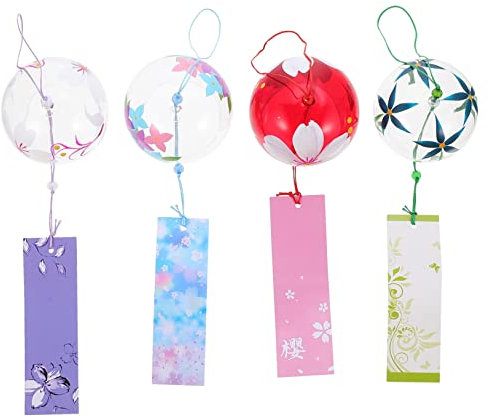 PRETYZOOM 4 Pièces Carillons Éoliens en Verre Cloches à Vent Japonaises Carillon en Verre De Furine Cloche à Vent pour Le Jardin De La Maison Carillon De Voiture Extérieur Pelouse Un Verre