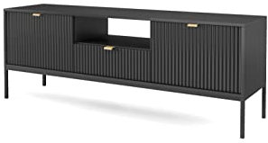 BETTSO - Nova RTV-154 - TV Schrank - Kommode - Mehrzweckschrank - Tv Ständer - mit Schublade 2 Türen - Niedrig, Geriffelt - Wohnzimmer - Modern, Glamour - Schwarz - mit schwarzen Griffen