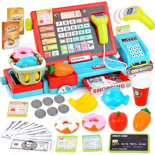 JoyGrow Elektronische Kasse Kinder Rollenspiel Supermarkt Spielzeug Kaufladen Kaufmannsladen Zubehör Registrierkasse Supermarktkasse mit Geld,Lebensmittel, Geschenk für Kinder ab 3 Jahren (Blau)
