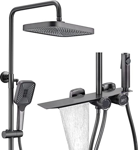 Duschsystem Regendusche Set Pistole Grau Duschset mit LED Digitalanzeige Duscharmatur Höhenverstellbar Duschsäule mit Wasserfall Wannenauslauf, 32 * 20cm Duschkopf, 3 Modi Handbrause, Bidet-Dusche