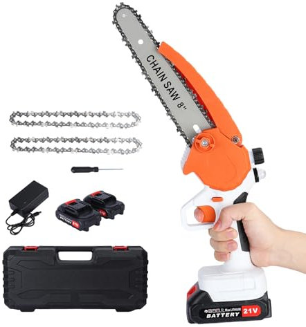 Shienfir 8 Zoll Mini-Kettensäge, Akku-Kettensäge mit Öler-System, kabellose Kettensäge bürstenloser Motor mit 2x2.0AH Batterien, 2 Ketten, elektrische Handkettensäge für Baumbeschneidung Orange